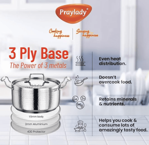 Praylady INOX 3+ Series Cooking Pot 22 cm | Hammered Cooking Pot with Lid | Cooking Kadai for Induction Base and Gas Stove | Deep Kadhai with Lid | Stainless Steel Cookware | Silver - Image 3